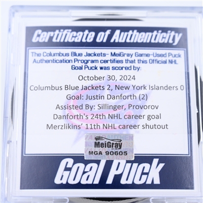 Justin Danforth - Columbus Blue Jackets - Goal Puck - October 30, 2024 vs. New York Islanders (Blue Jackets Logo)