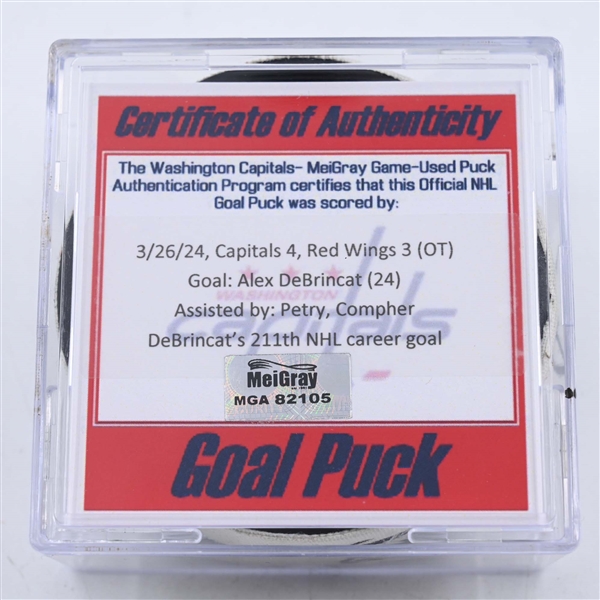 Alex DeBrincat - Detroit Red Wings - Goal Puck - March 26, 2024 vs. Washington Capitals (Capitals Logo)