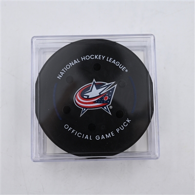 Noah Dobson - New York Islanders - Goal Puck - April 4, 2024 vs. Columbus Blue Jackets (Blue Jackets Logo)