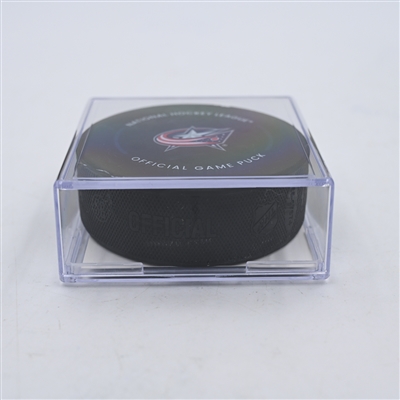 Noah Dobson - New York Islanders - Goal Puck - April 4, 2024 vs. Columbus Blue Jackets (Blue Jackets Logo)