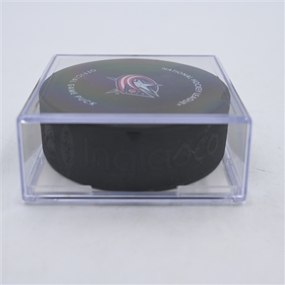 Noah Dobson - New York Islanders - Goal Puck - April 4, 2024 vs. Columbus Blue Jackets (Blue Jackets Logo)