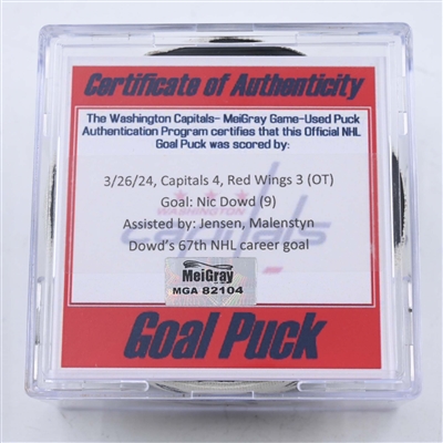 Nic Dowd - Washington Capitals - Goal Puck - March 26, 2024 vs. Detroit Red Wings (Capitals Logo)