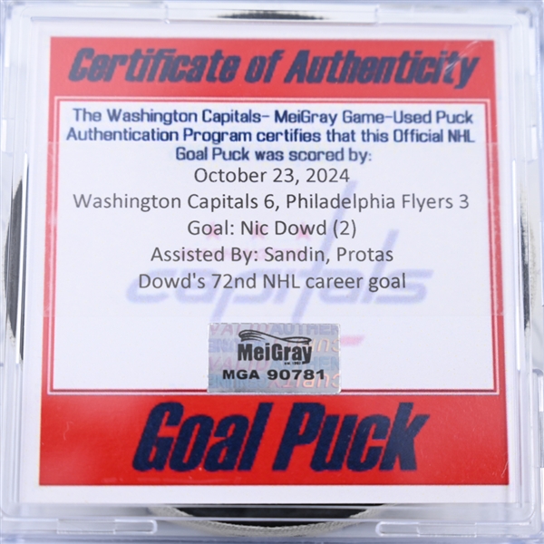 Nic Dowd - Washington Capitals - Goal Puck - October 23, 2024 vs. Philadelphia Flyers (Capitals 50th Anniversary Logo)