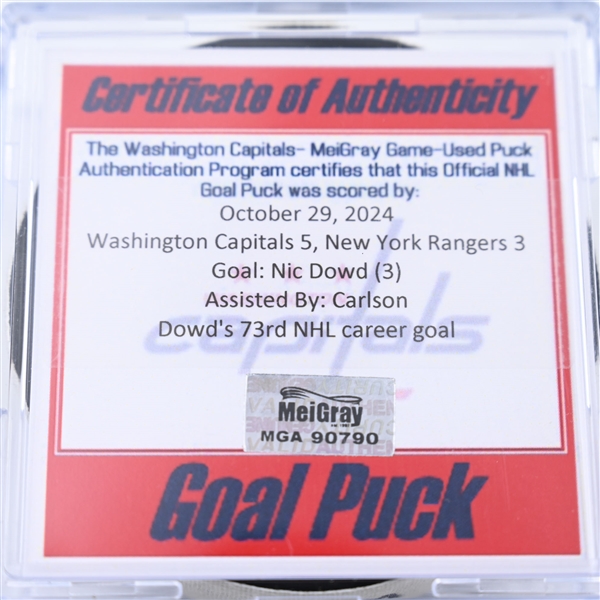 Nic Dowd - Washington Capitals - Goal Puck - October 29, 2024 vs. New York Rangers (Capitals 50th Anniversary Logo)