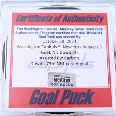 Nic Dowd - Washington Capitals - Goal Puck - October 29, 2024 vs. New York Rangers (Capitals 50th Anniversary Logo)