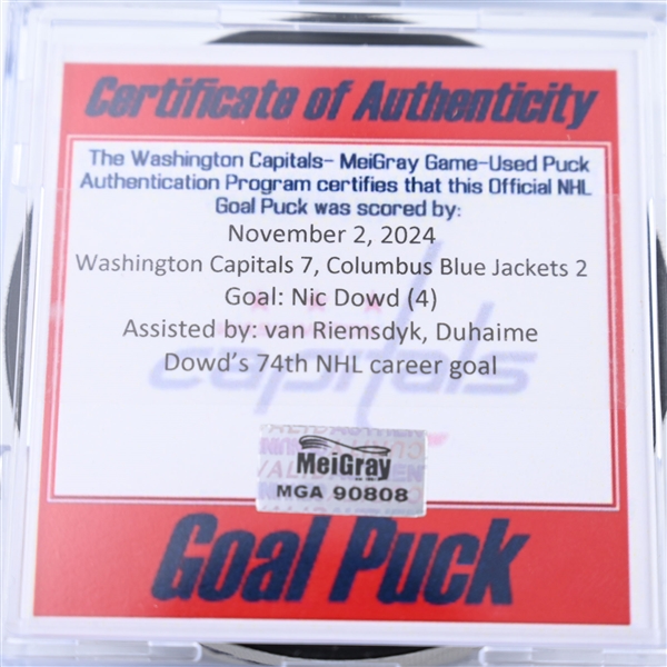 Nic Dowd - Washington Capitals - Goal Puck - November 2, 2024 vs. Columbus Blue Jackets (Capitals 50th Anniversary Logo)