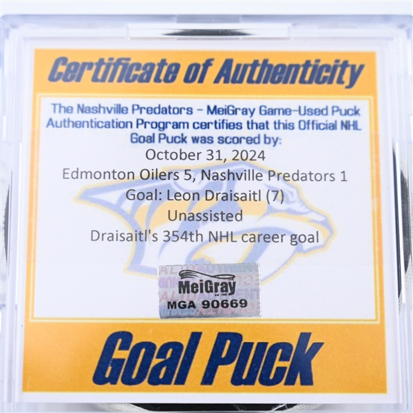 Leon Draisaitl - Edmonton Oilers - Goal Puck - October 31, 2024 vs. Nashville Predators (Predators Logo)