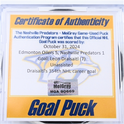 Leon Draisaitl - Edmonton Oilers - Goal Puck - October 31, 2024 vs. Nashville Predators (Predators Logo)