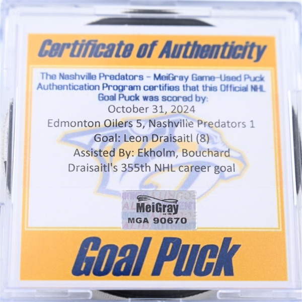 Leon Draisaitl - Edmonton Oilers - Goal Puck - October 31, 2024 vs. Nashville Predators (Predators Logo)