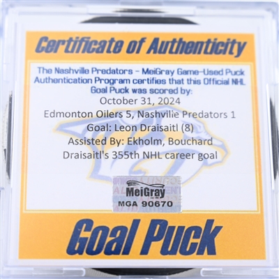 Leon Draisaitl - Edmonton Oilers - Goal Puck - October 31, 2024 vs. Nashville Predators (Predators Logo)