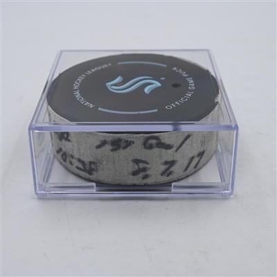 Brian Dumoulin - Seattle Kraken - Goal Puck - April 11, 2024 vs. San Jose Sharks (Kraken Logo)