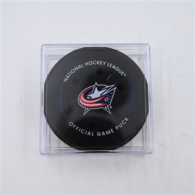 Pierre Engvall - New York Islanders - Goal Puck - April 4, 2024 vs. Columbus Blue Jackets (Blue Jackets Logo)