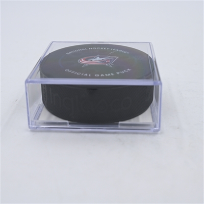 Pierre Engvall - New York Islanders - Goal Puck - April 4, 2024 vs. Columbus Blue Jackets (Blue Jackets Logo)