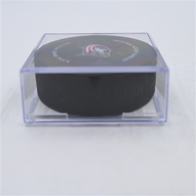 Pierre Engvall - New York Islanders - Goal Puck - April 4, 2024 vs. Columbus Blue Jackets (Blue Jackets Logo)