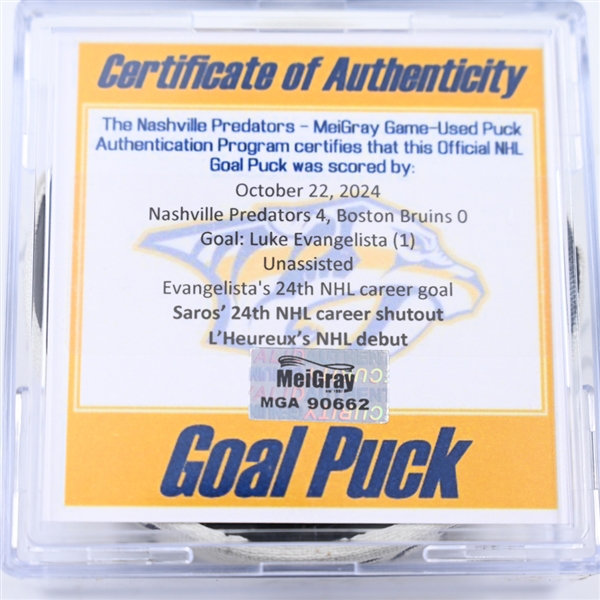 Luke Evangelista - Nashville Predators - Goal Puck - October 22, 2024 vs. Boston Bruins (Predators Logo)