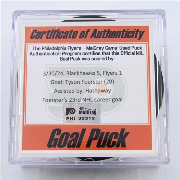 Tyson Foerster - Philadelphia Flyers - Goal Puck - March 30, 2024 vs. Chicago Blackhawks (Flyers Logo)