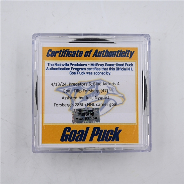 Filip Forsberg - Nashville Predators - Goal Puck - April 13, 2024 vs. Columbus Blue Jackets (Predators 25th Anniversary Logo)