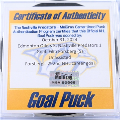 Filip Forsberg - Nashville Predators - Goal Puck - October 31, 2024 vs. Edmonton Oilers (Predators Logo)