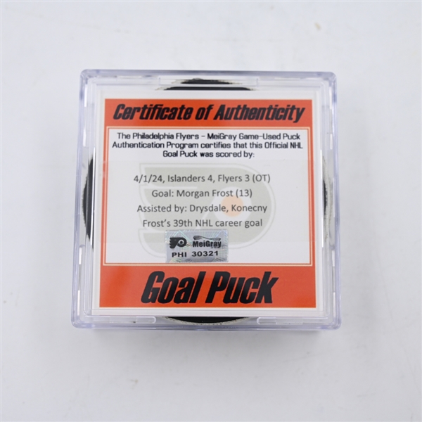 Morgan Frost - Philadelphia Flyers - Goal Puck - April 1, 2024 vs. New York Islanders (Flyers Logo)