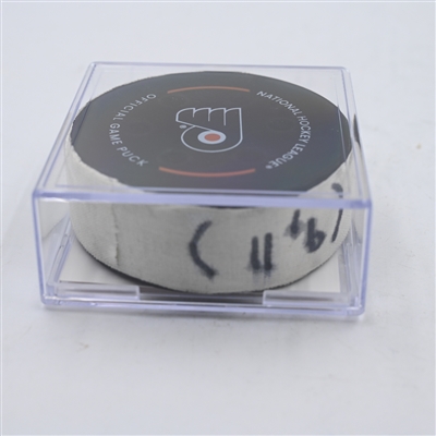 Morgan Frost - Philadelphia Flyers - Goal Puck - April 1, 2024 vs. New York Islanders (Flyers Logo)