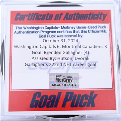 Brenden Gallagher - Montreal Canadiens - Goal Puck - October 31, 2024 vs. Washington Capitals (Capitals 50th Anniversary Logo)