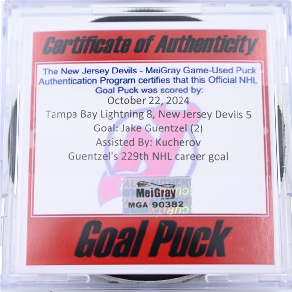 Jake Guentzel - Tampa Bay Lightning - Goal Puck - October 22, 2024 vs. New Jersey Devils (Devils Logo)