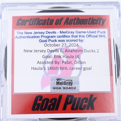 Erik Haula - New Jersey Devils - Goal Puck - October 27, 2024 vs. Anaheim Ducks (Devils Logo)