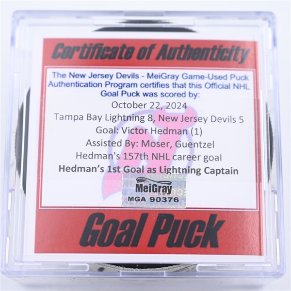 Victor Hedman - Tampa Bay Lightning - Goal Puck - October 22, 2024 vs. New Jersey Devils (Devils Logo)