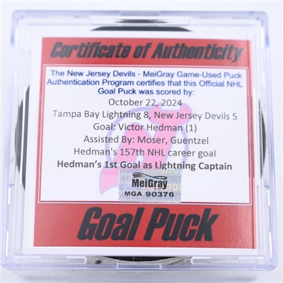 Victor Hedman - Tampa Bay Lightning - Goal Puck - October 22, 2024 vs. New Jersey Devils (Devils Logo)