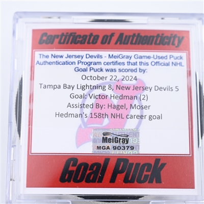 Victor Hedman - Tampa Bay Lightning - Goal Puck - October 22, 2024 vs. New Jersey Devils (Devils Logo)