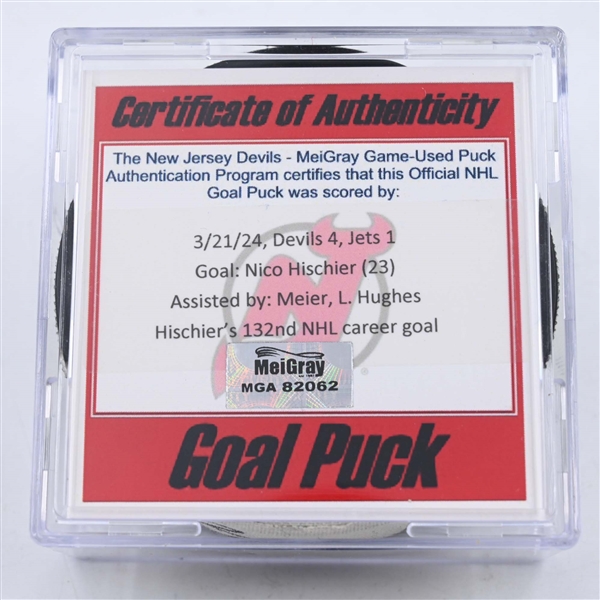 Nico Hischier - New Jersey Devils - Goal Puck - March 21, 2024 vs. Winnipeg Jets (Devils Logo)