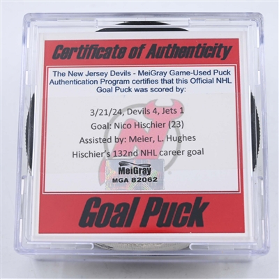 Nico Hischier - New Jersey Devils - Goal Puck - March 21, 2024 vs. Winnipeg Jets (Devils Logo)