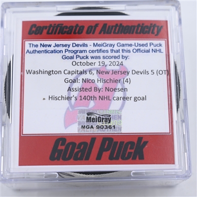 Nico Hischier - New Jersey Devils - Goal Puck - October 19, 2024 vs. Washington Capitals (Devils Logo)