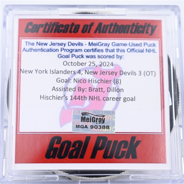 Nico Hischier - New Jersey Devils - Goal Puck - October 25, 2024 vs. New York Islanders (Devils Logo)