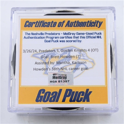 Brett Howden - Vegas Golden Knights - Goal Puck - March 26, 2024 vs. Nashville Predators (Predators 25th Anniversary Logo)