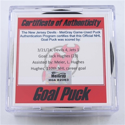 Jack Hughes - New Jersey Devils - Goal Puck - March 21, 2024 vs. Winnipeg Jets (Devils Logo)