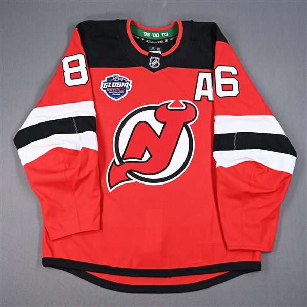 Jack Hughes - Red w/A Jersey - 2024 Global Series - Worn Oct. 5, 2024