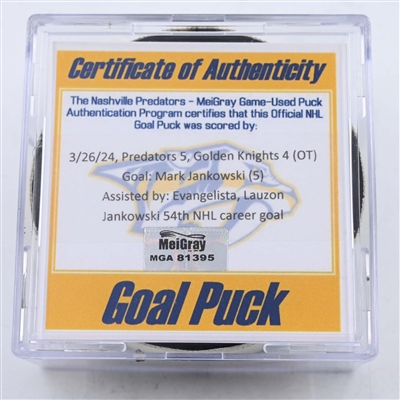 Mark Jankowski - Nashville Predators - Goal Puck - March 26, 2024 vs. Vegas Golden Knights (Predators 25th Anniversary Logo)