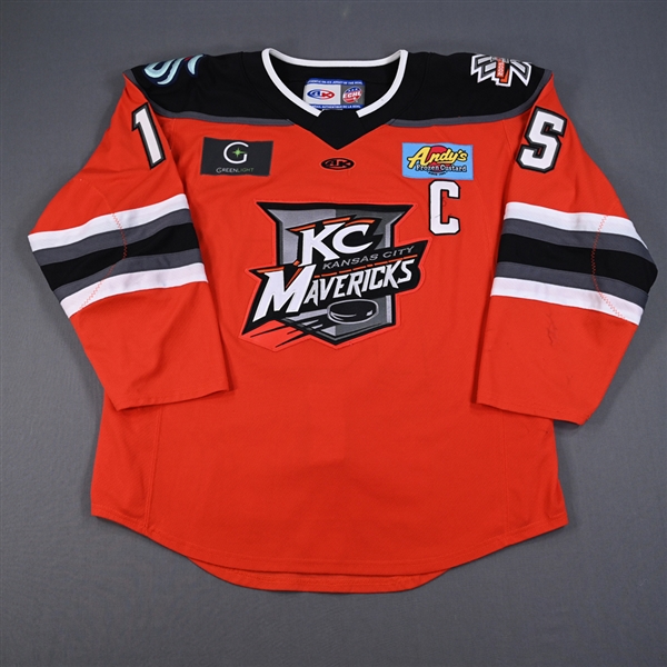 Jake Jaremko - Kansas City Mavericks - Game-Worn Orange Autographed Jersey w/C