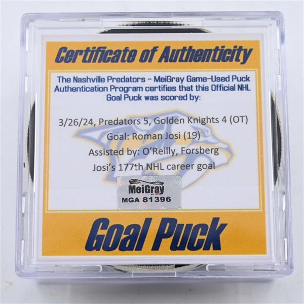 Roman Josi - Nashville Predators - Goal Puck - March 26, 2024 vs. Vegas Golden Knights (Predators 25th Anniversary Logo)