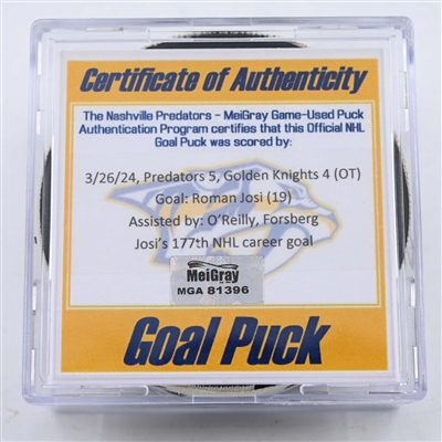 Roman Josi - Nashville Predators - Goal Puck - March 26, 2024 vs. Vegas Golden Knights (Predators 25th Anniversary Logo)