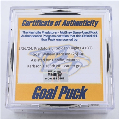 William Karlsson - Vegas Golden Knights - Goal Puck - March 26, 2024 vs. Nashville Predators (Predators 25th Anniversary Logo)