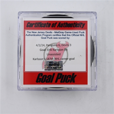 Erik Karlsson - Pittsburgh Penguins - Goal Puck - April 2, 2024 vs. New Jersey Devils (Devils Logo)