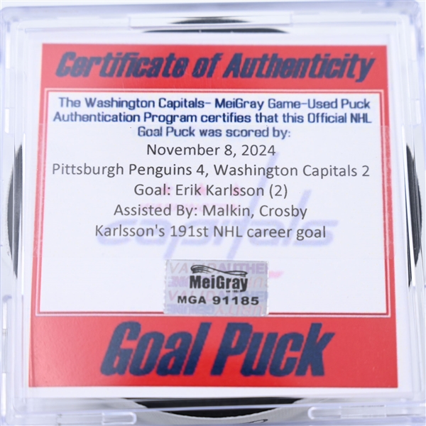 Erik Karlsson - Pittsburgh Penguins - Goal Puck - November 8, 2024 vs. Washington Capitals (Capitals 50th Anniversary Logo)