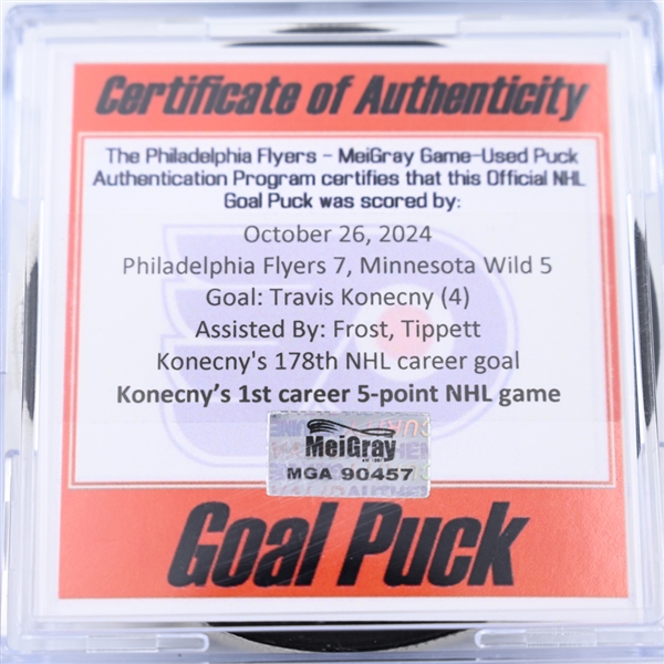 Travis Konecny - Philadelphia Flyers - Goal Puck - October 26, 2024 vs. Minnesota Wild (Flyers Logo)