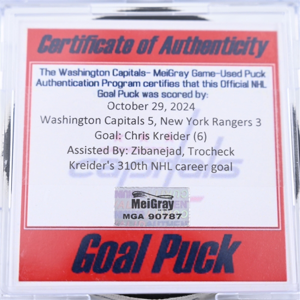 Chris Kreider - New York Rangers - Goal Puck - October 29, 2024 vs. Washington Capitals (Capitals 50th Anniversary Logo)