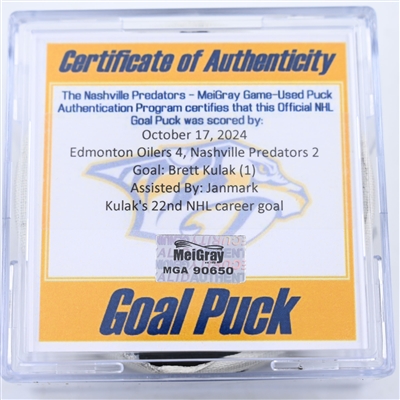 Brett Kulak - Edmonton Oilers - Goal Puck - October 17, 2024 vs. Nashville Predators (Predators Logo)