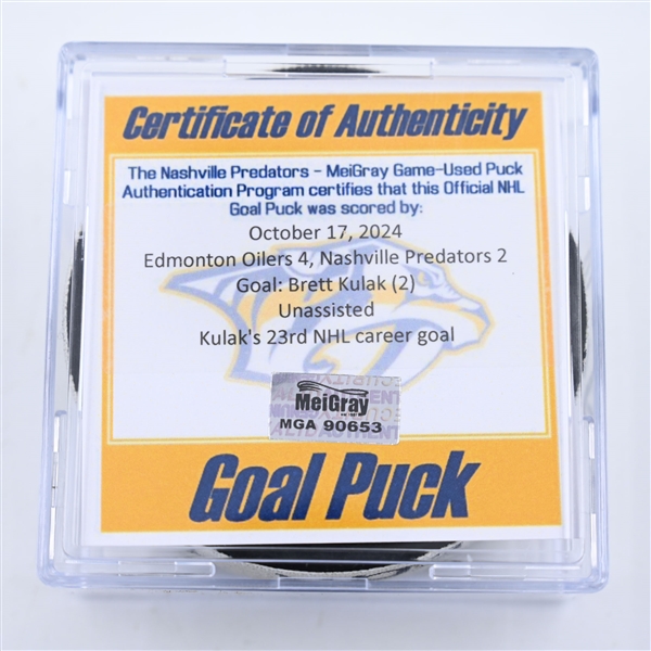 Brett Kulak - Edmonton Oilers - Goal Puck - October 17, 2024 vs. Nashville Predators (Predators Logo)