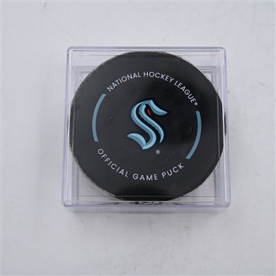 Luke Kunin - San Jose Sharks - Goal Puck - April 11, 2024 vs. Seattle Kraken (Kraken Logo)