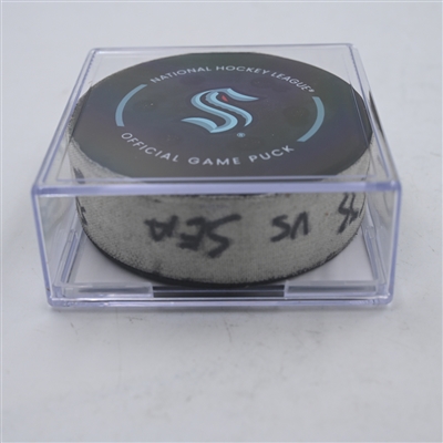 Luke Kunin - San Jose Sharks - Goal Puck - April 11, 2024 vs. Seattle Kraken (Kraken Logo)